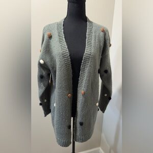 BiBi‎ Green Cardigan with Colorful Pom-Pom's Cottagecore boutique style Small